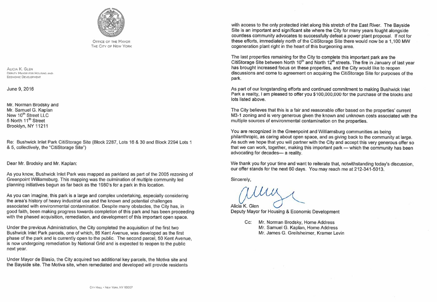 City Offer Letter for Acquiring CitiStorage Site