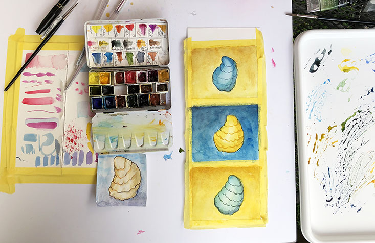 Watercolor set and paintings