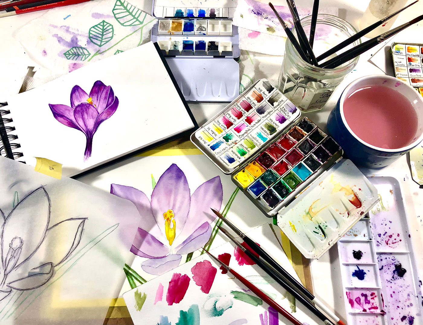 Flower illustration & watercolor supplies