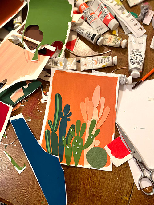 Cut paper collage of cacti with supplies