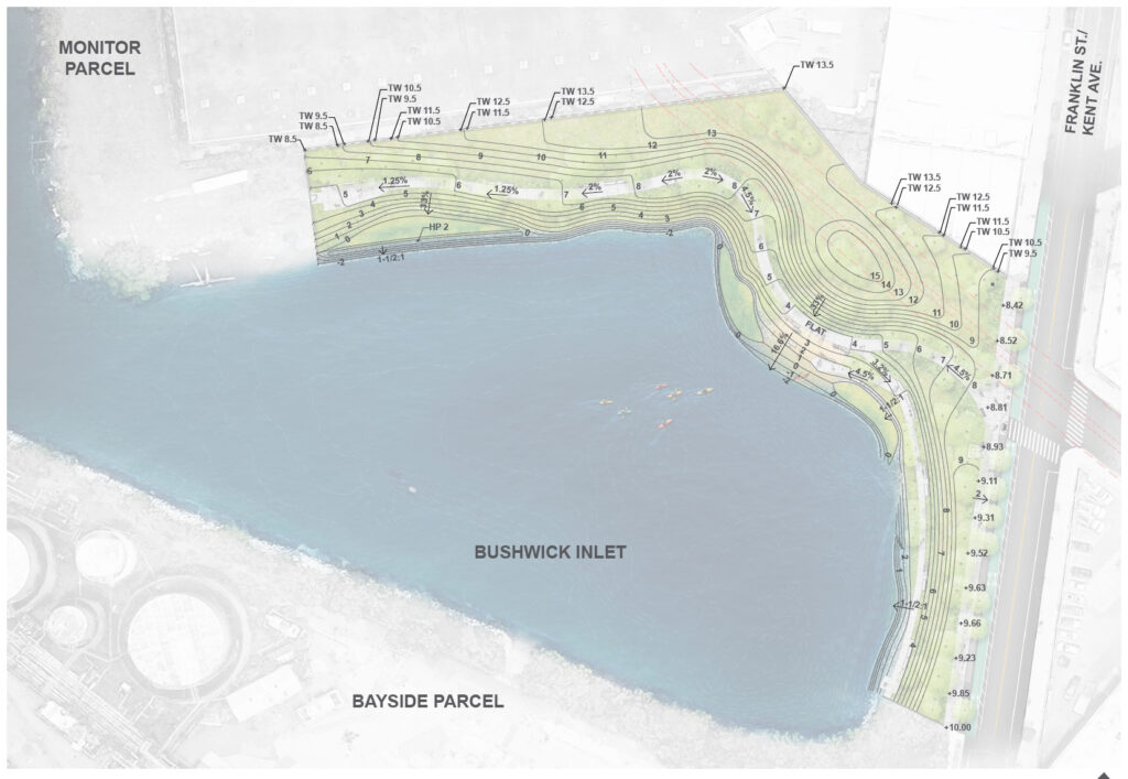 Grading design of Motiva section of Bushwick Inlet Park, NYCDPR, Abel Bainnson Butz