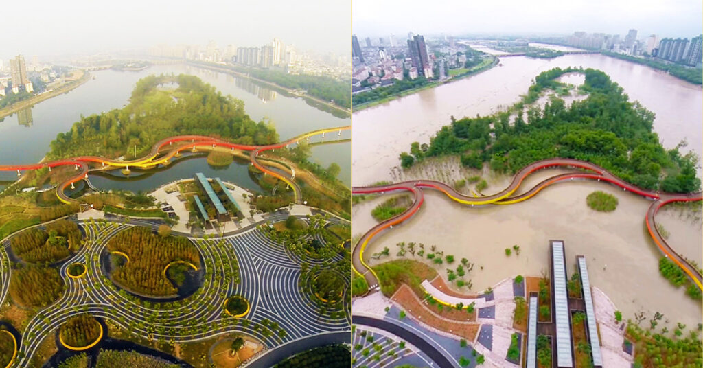 Two states of Yanweizhou Park in Jinhua City