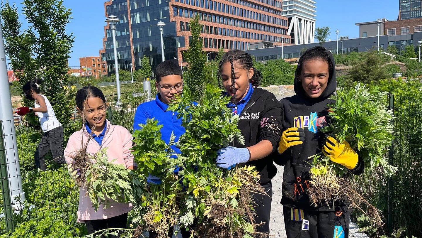 FBIP gardening volunteers with freshly pulled weeds